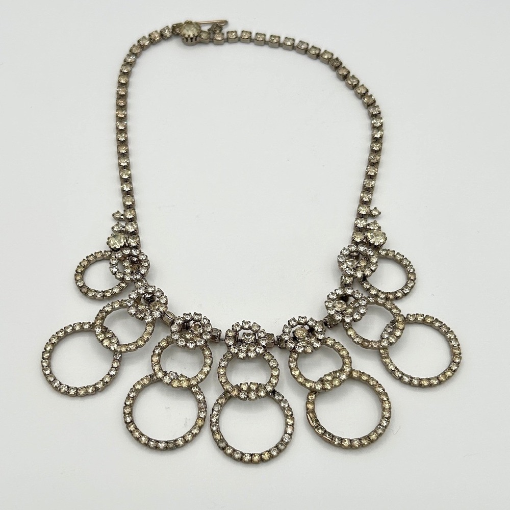 Vintage 1950s Rhinestone Bib Necklace Silver Tone Statement Collar Tennis 15in